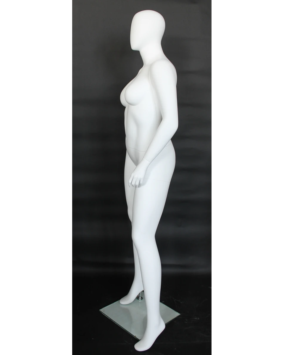 Casual asymmetric plus size egghead female mannequin in matte white