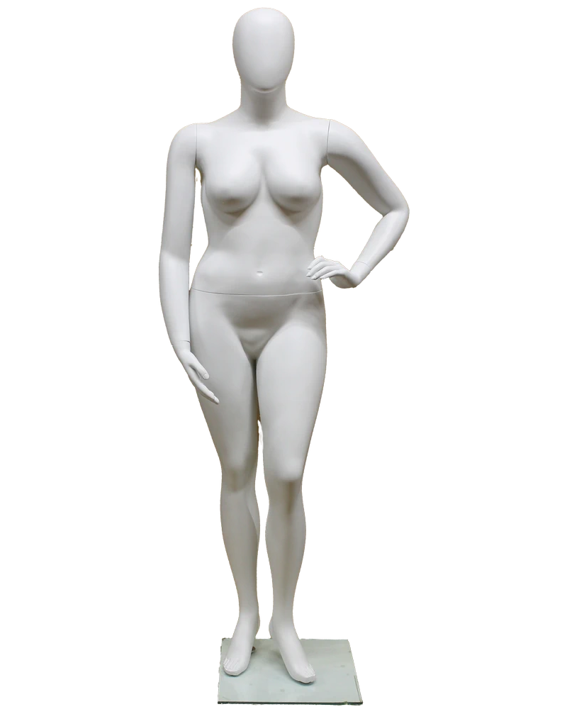 Left-hand-on-hip plus size egghead female mannequin in matte white, front view