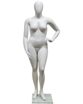 Left-hand-on-hip plus size egghead female mannequin in matte white, front view