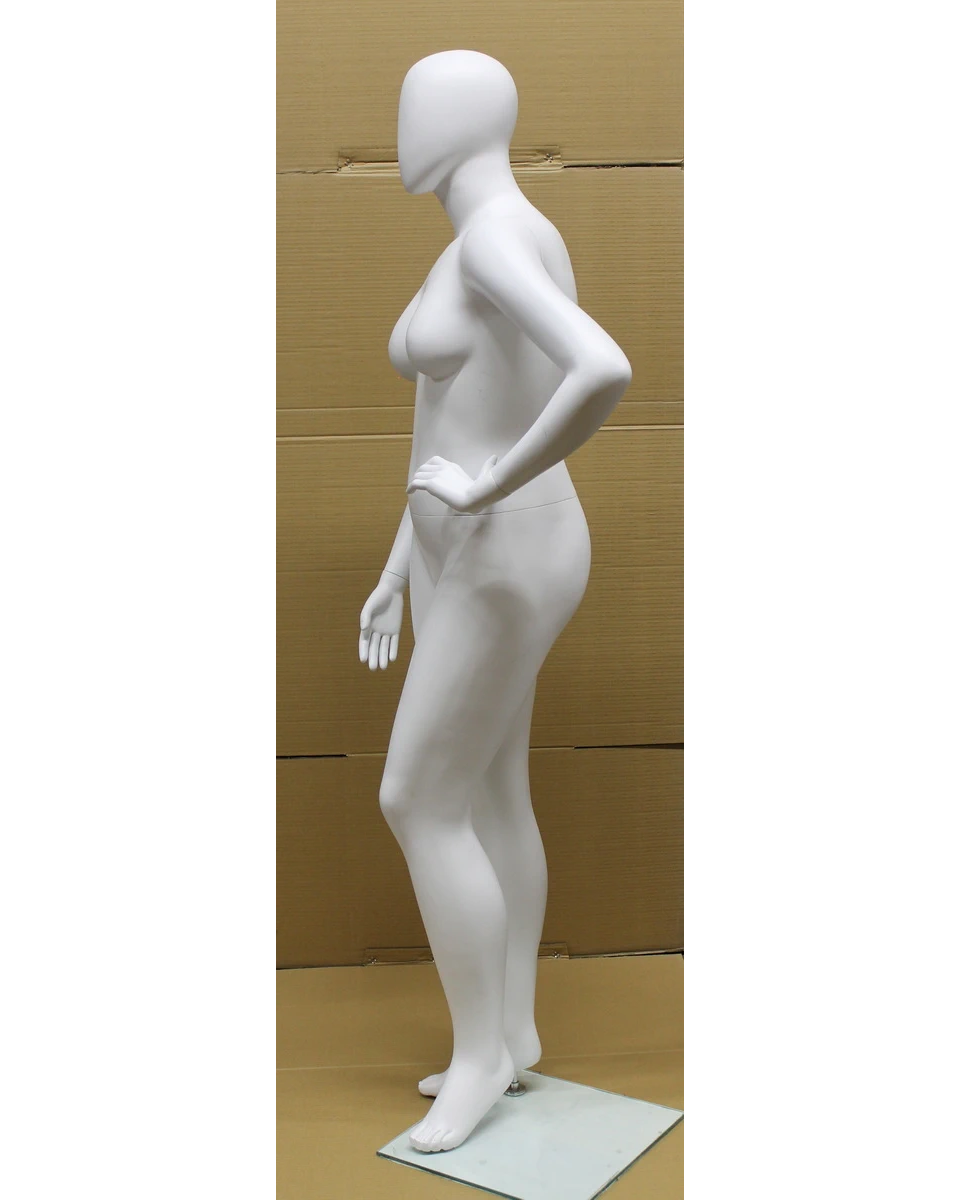 Left-hand-on-hip plus size egghead female mannequin in matte white