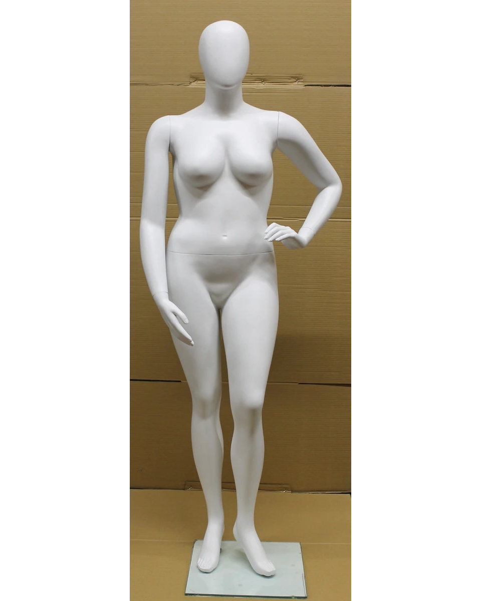 Left-hand-on-hip plus size egghead female mannequin in matte white