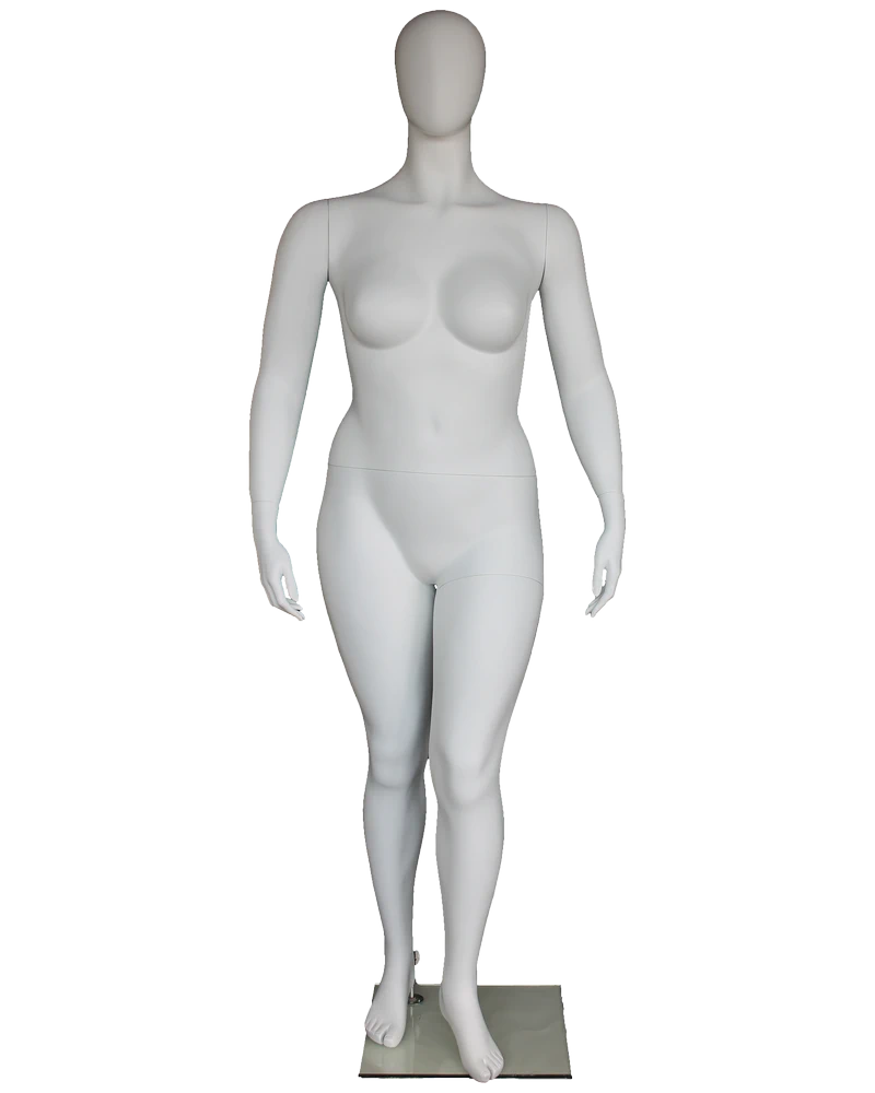 Walking-pose plus size egghead female mannequin in matte white, front view