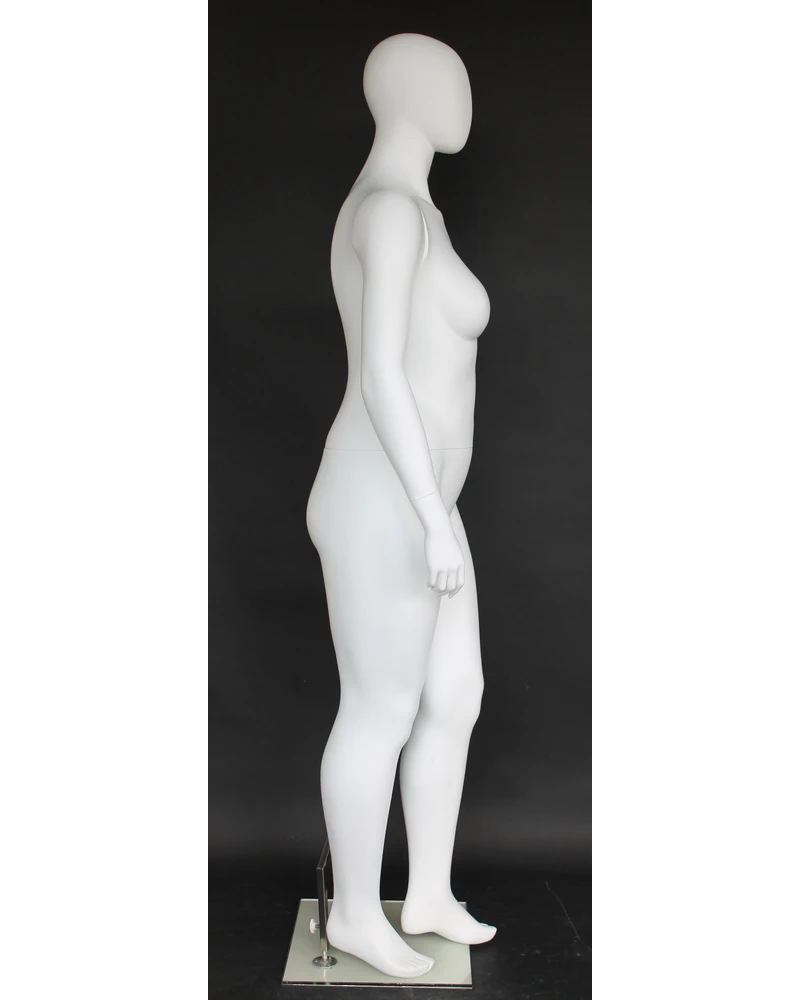 Walking-pose plus size egghead female mannequin in matte white
