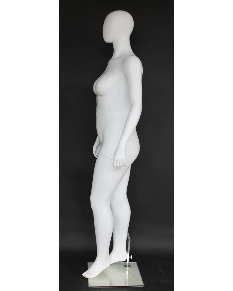 Walking-pose plus size egghead female mannequin in matte white