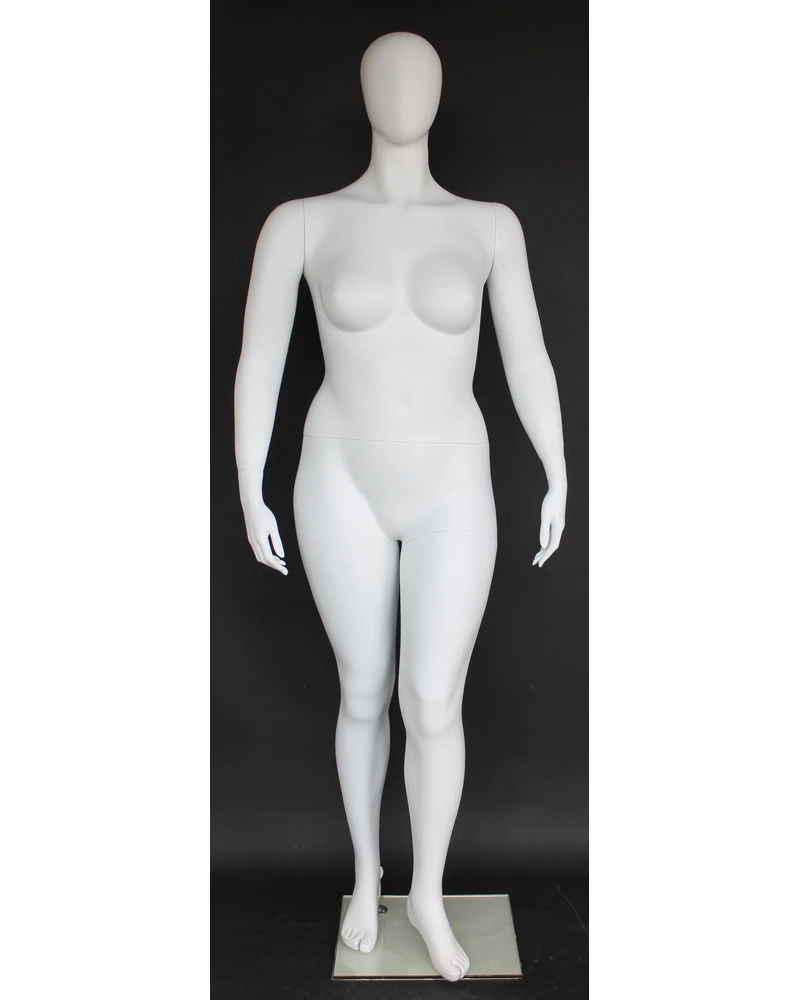 Walking-pose plus size egghead female mannequin in matte white