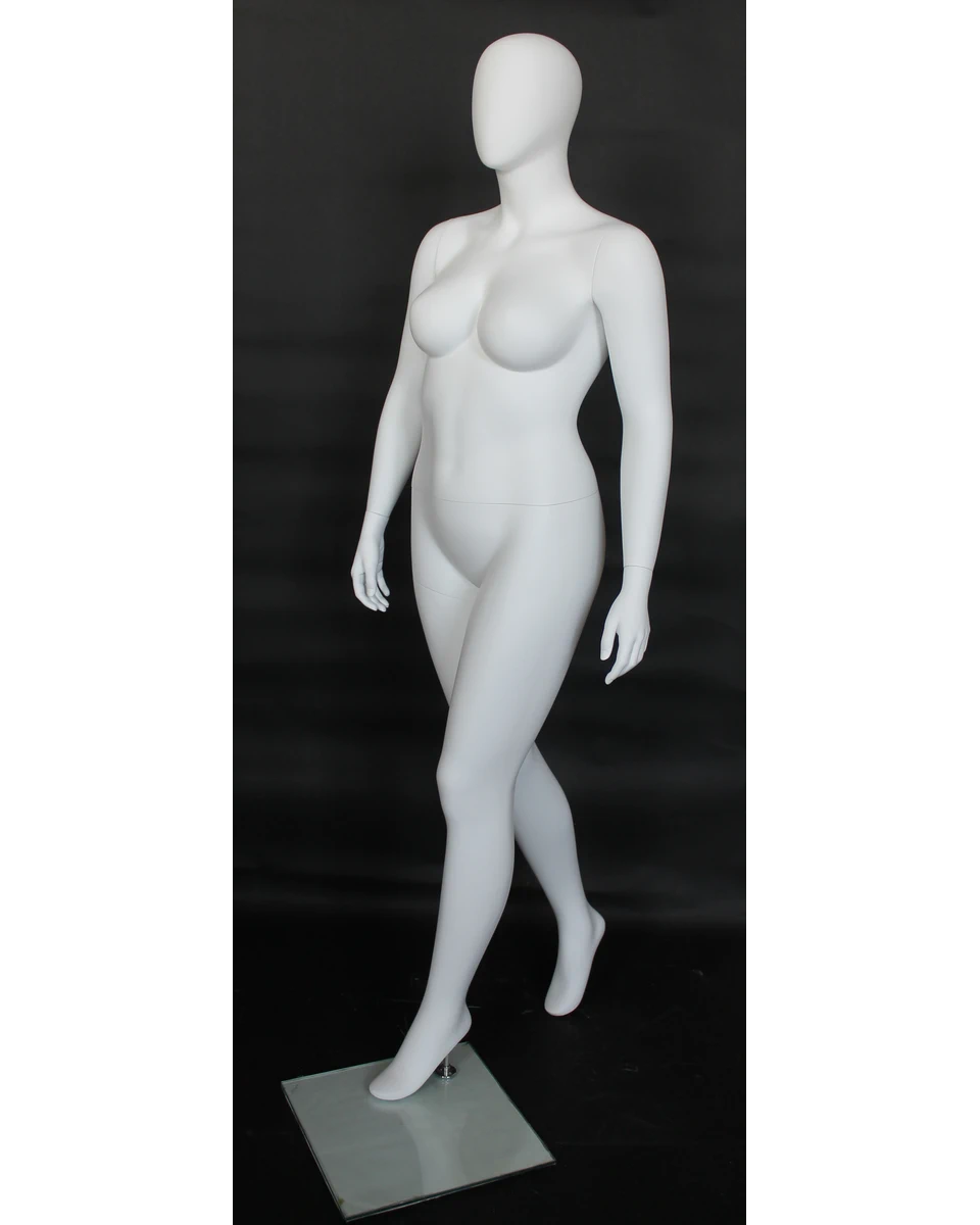 Runway-stride plus size egghead female mannequin in matte white