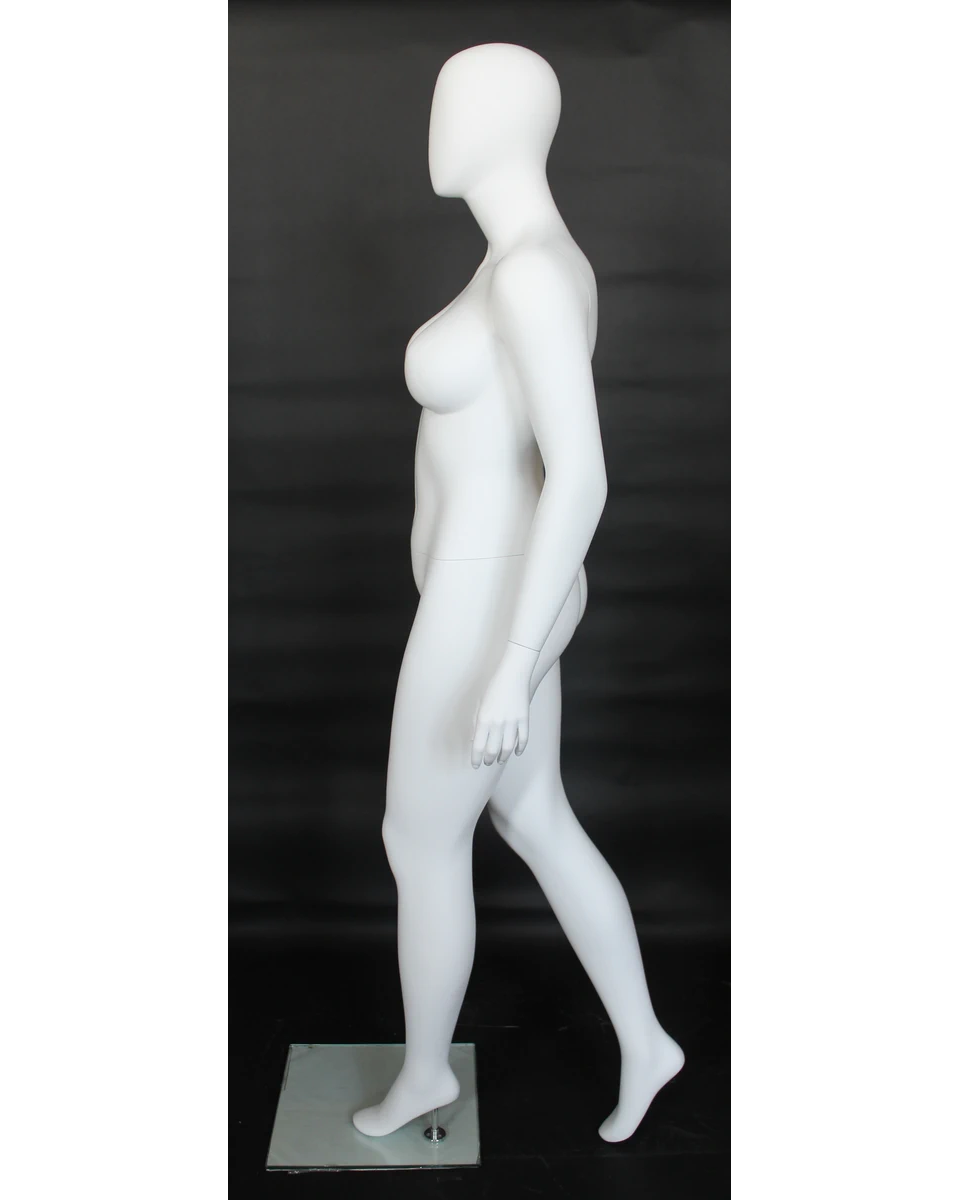 Runway-stride plus size egghead female mannequin in matte white