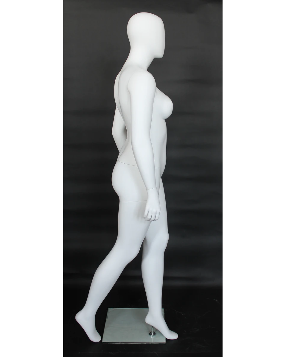 Runway-stride plus size egghead female mannequin in matte white