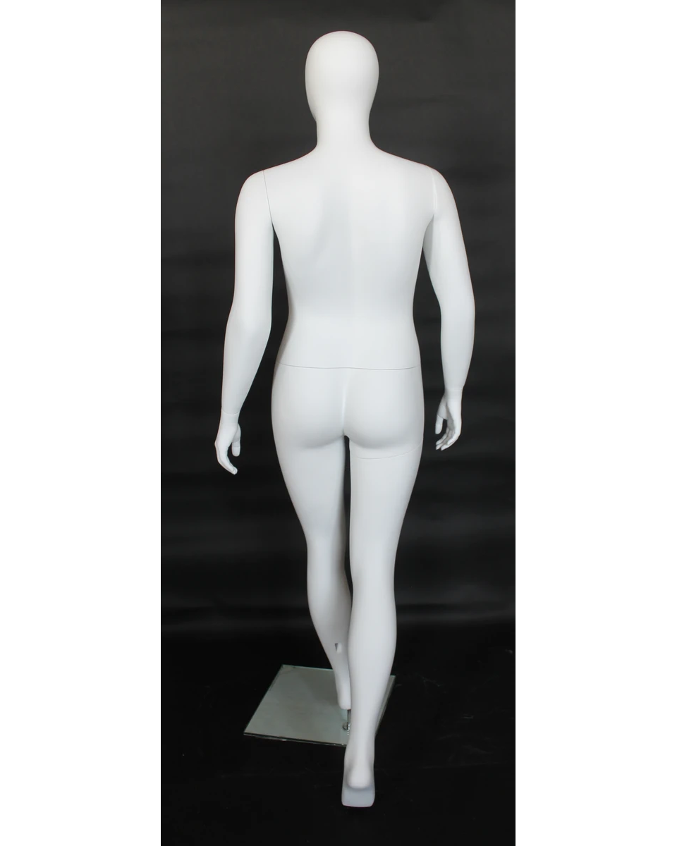 Runway-stride plus size egghead female mannequin in matte white