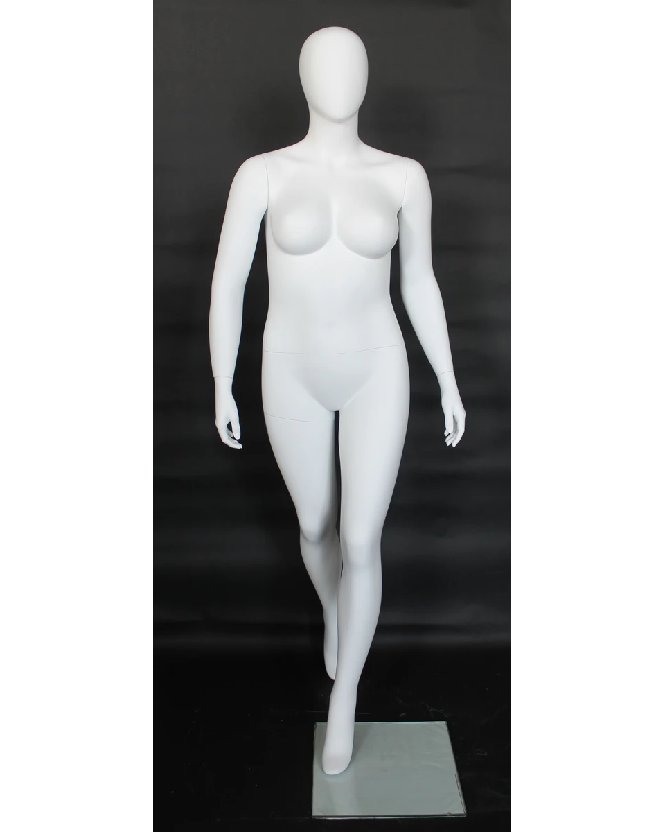 Runway-stride plus size egghead female mannequin in matte white