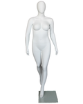 Runway-stride plus size egghead female mannequin in matte white, front view