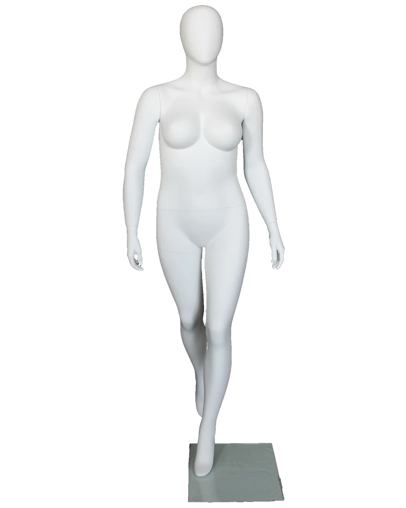 Runway-stride plus size egghead female mannequin in matte white, front view