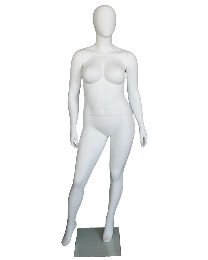 Wide-stance plus size egghead female mannequin in matte white, front view