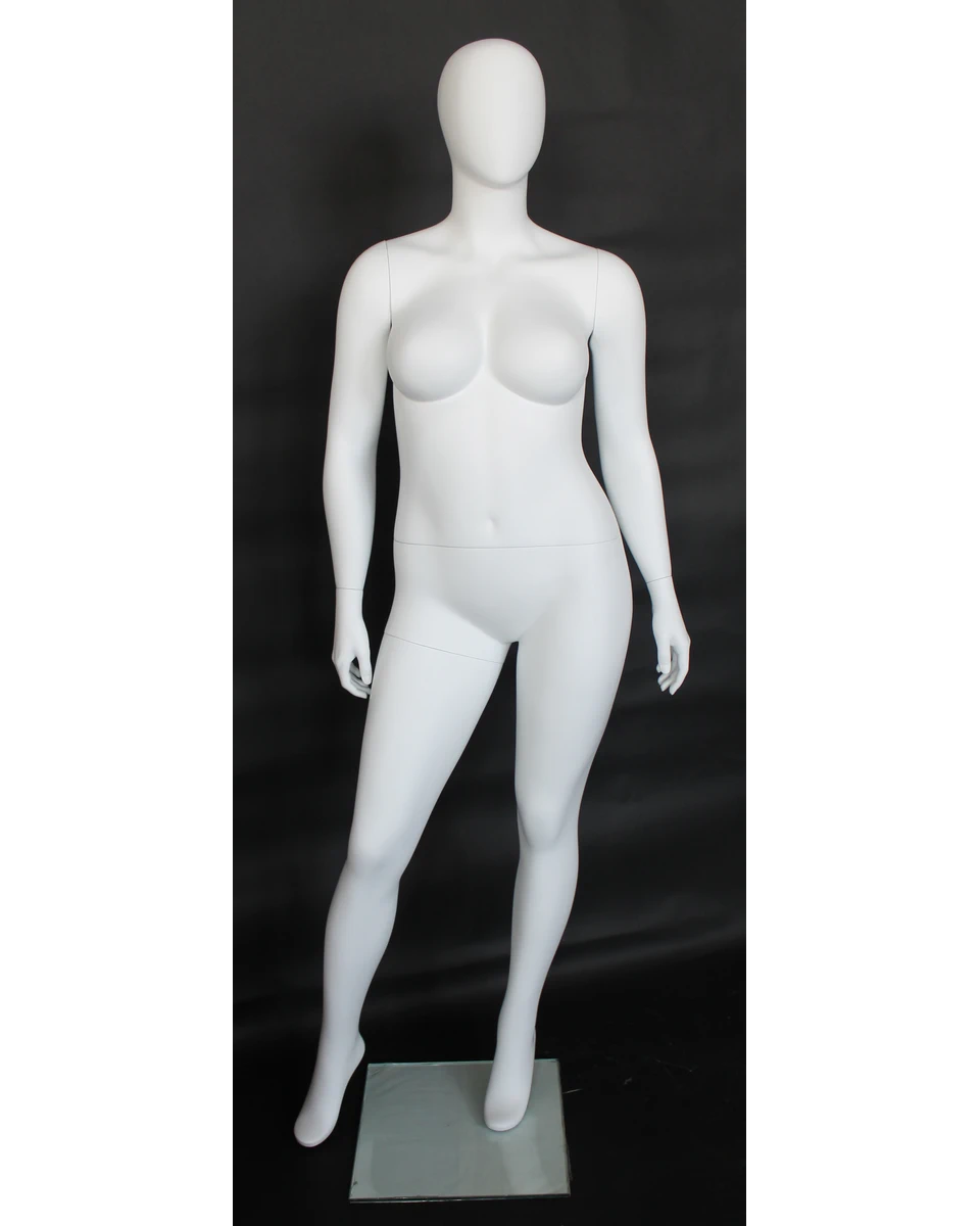 Wide-stance plus size egghead female mannequin in matte white