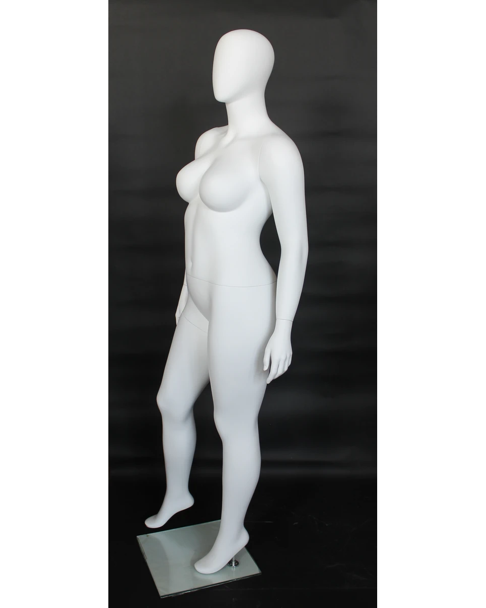 Wide-stance plus size egghead female mannequin in matte white