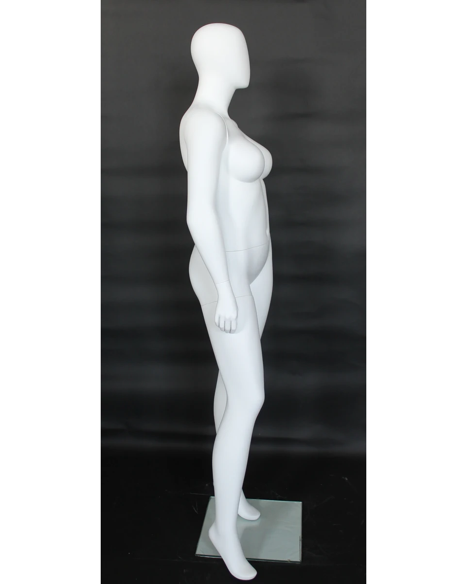 Wide-stance plus size egghead female mannequin in matte white