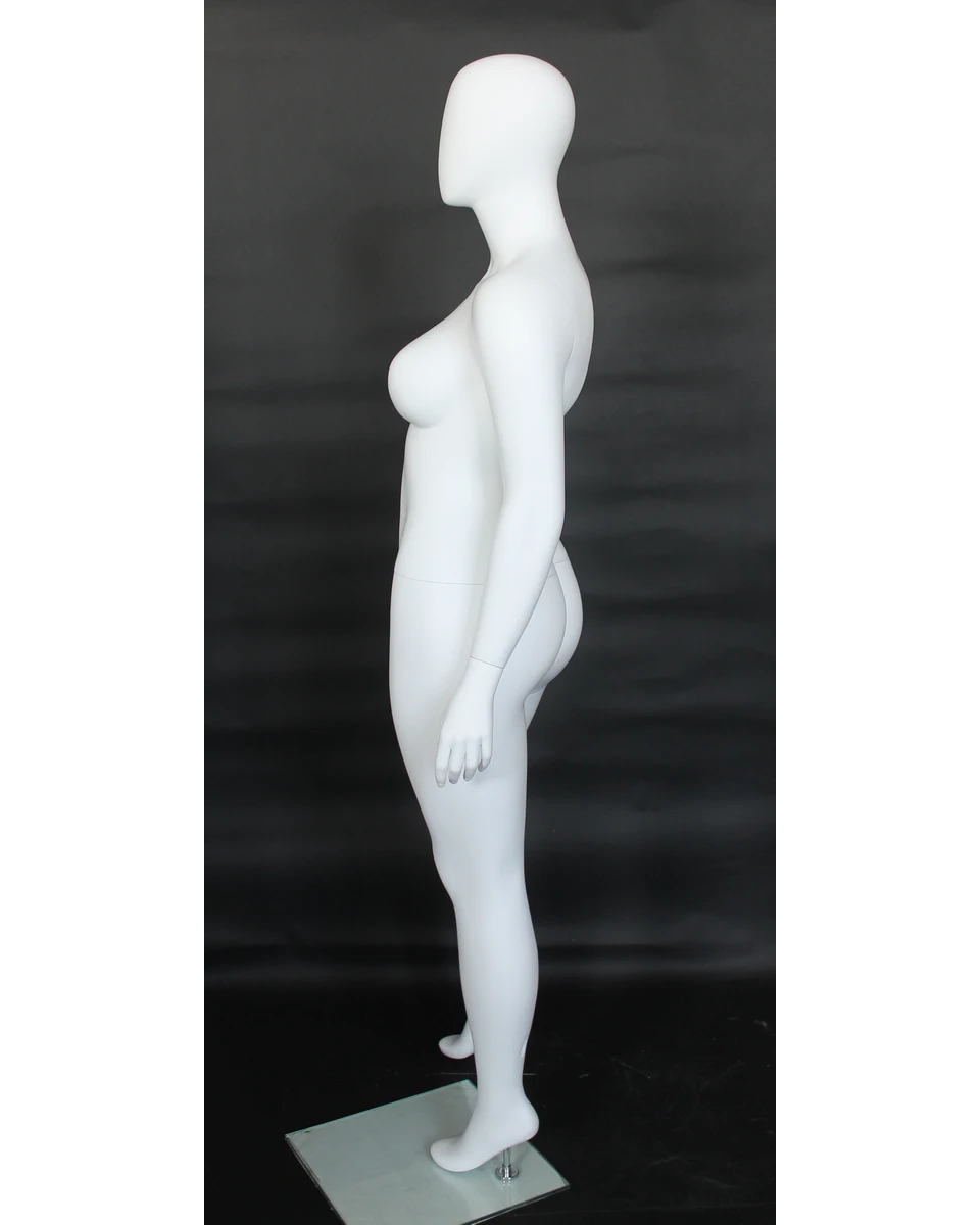 Wide-stance plus size egghead female mannequin in matte white