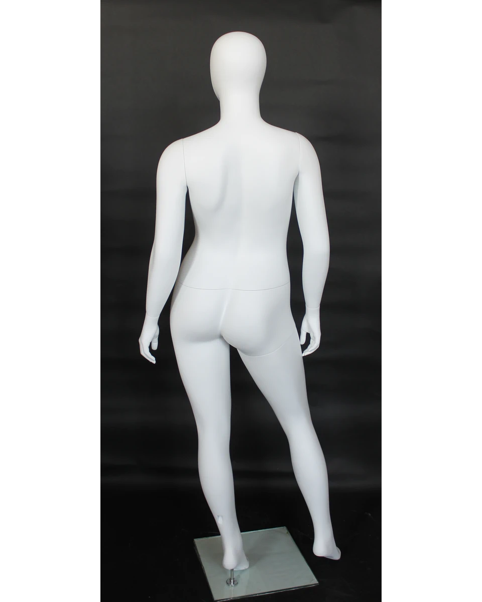 Wide-stance plus size egghead female mannequin in matte white