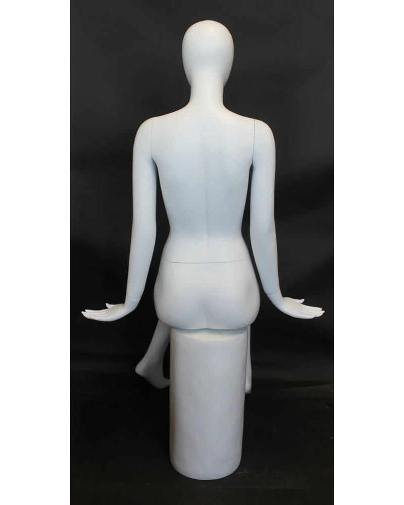 Symmetrical sitting egghead female mannequin in matte white