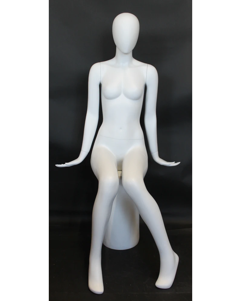 Symmetrical sitting egghead female mannequin in matte white