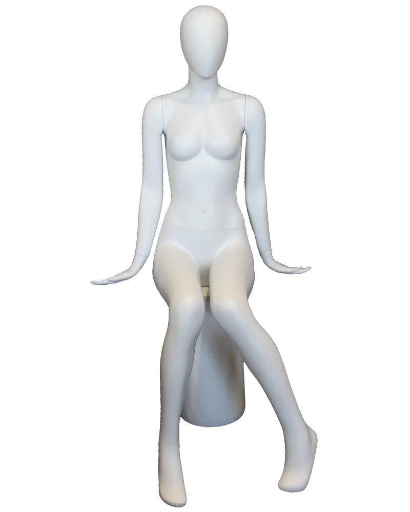 Symmetrical sitting egghead female mannequin in matte white, front view