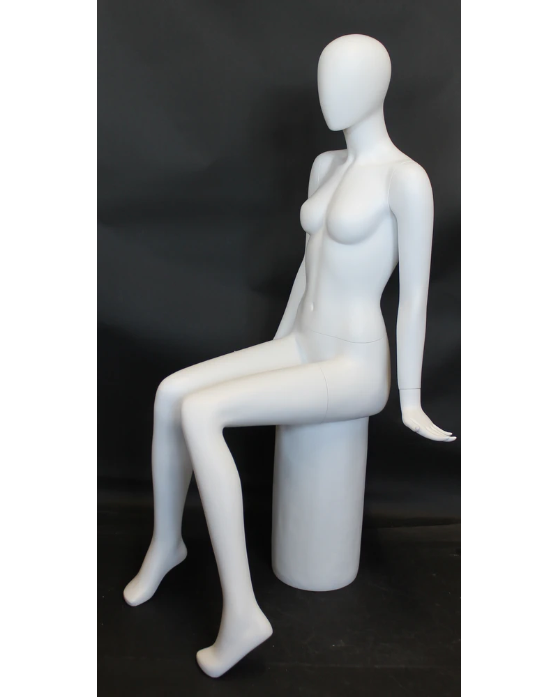 Symmetrical sitting egghead female mannequin in matte white