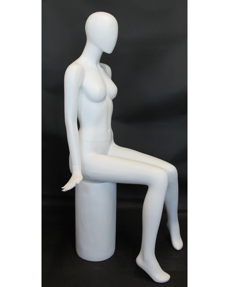 Symmetrical sitting egghead female mannequin in matte white