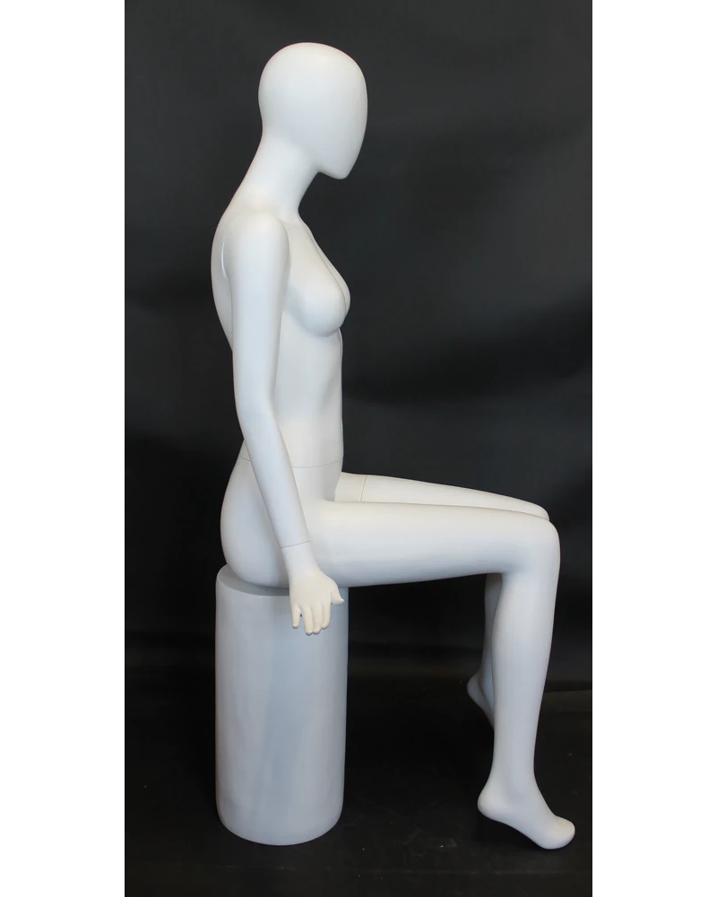 Symmetrical sitting egghead female mannequin in matte white