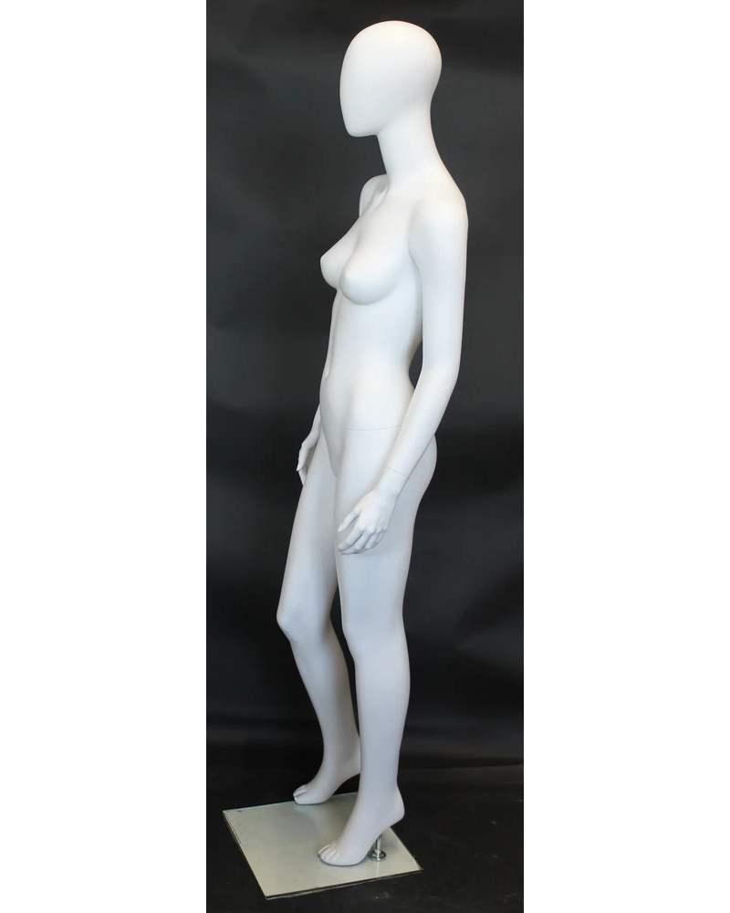 Contemporary standing egghead female mannequin in matte white