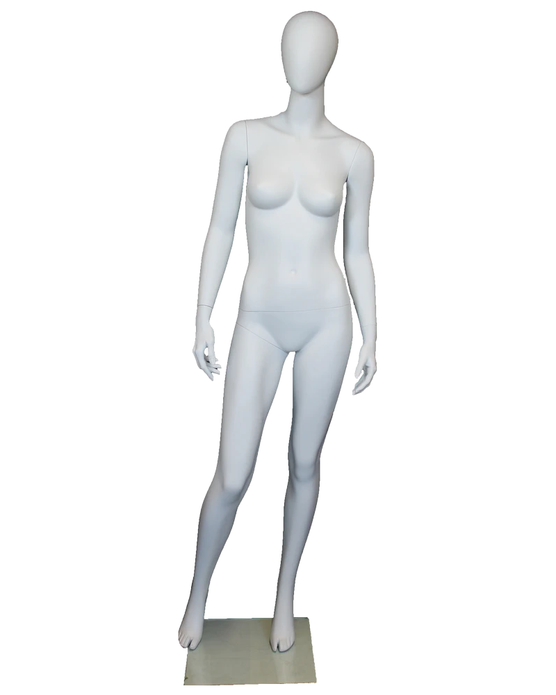 Contemporary standing egghead female mannequin in matte white, front view