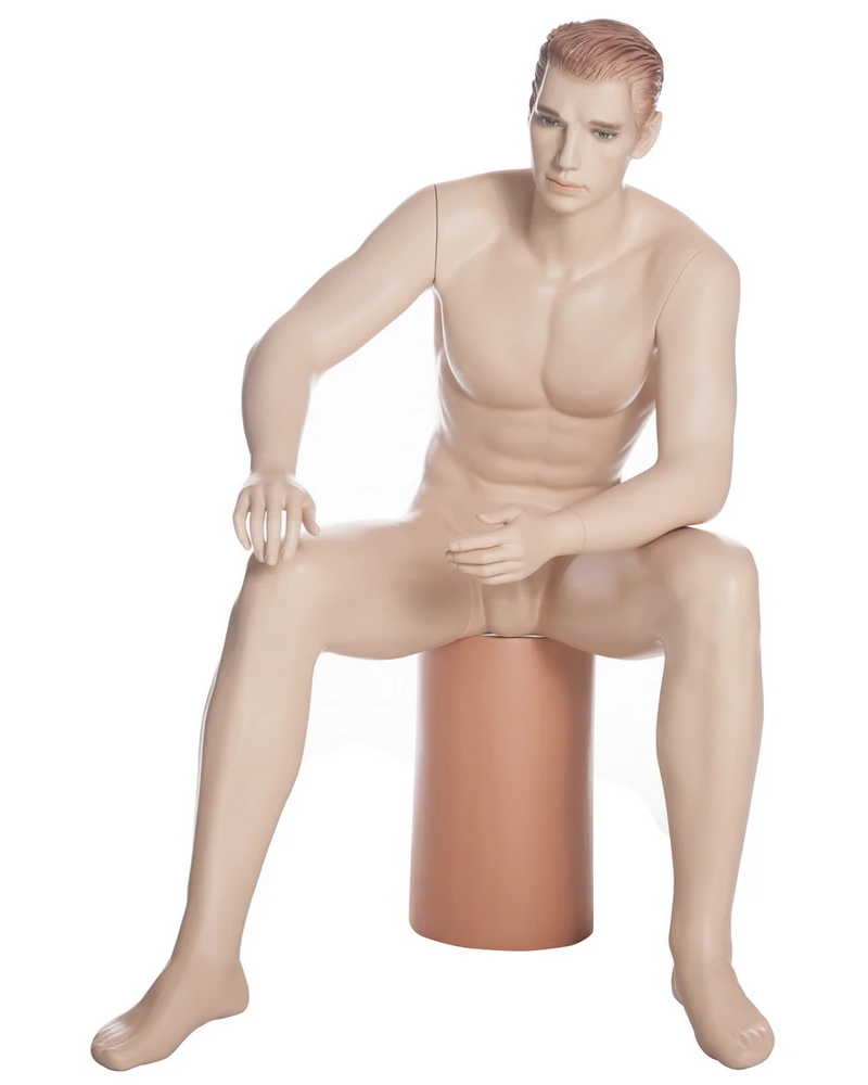 Seated realistic male mannequin with molded hair in flesh tone, SFM54-FT