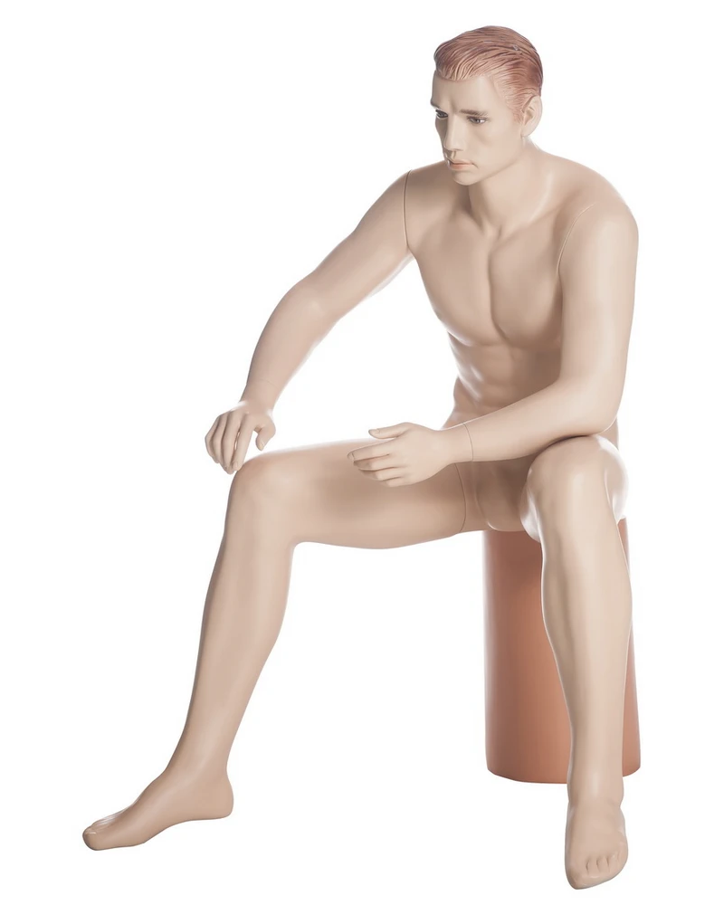 Seated realistic male mannequin with molded hair in flesh tone, SFM54-FT