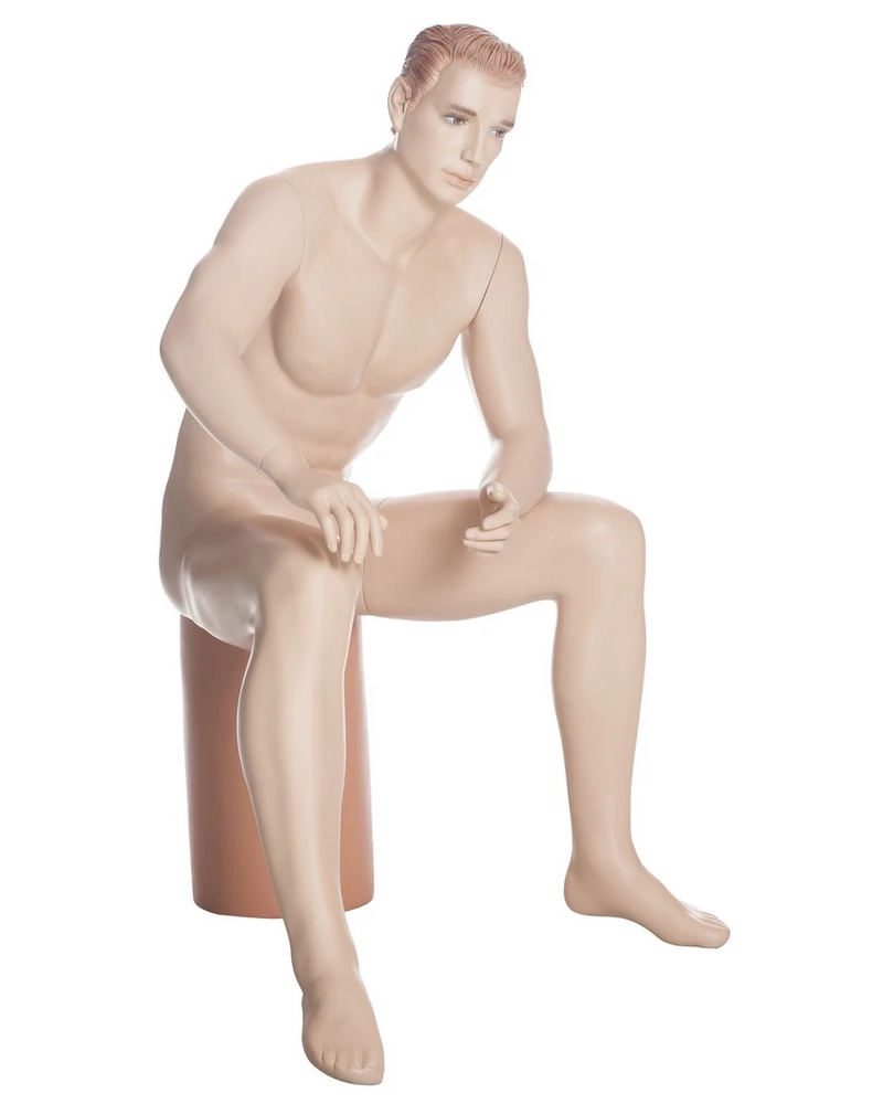 Seated realistic male mannequin with molded hair in flesh tone, SFM54-FT