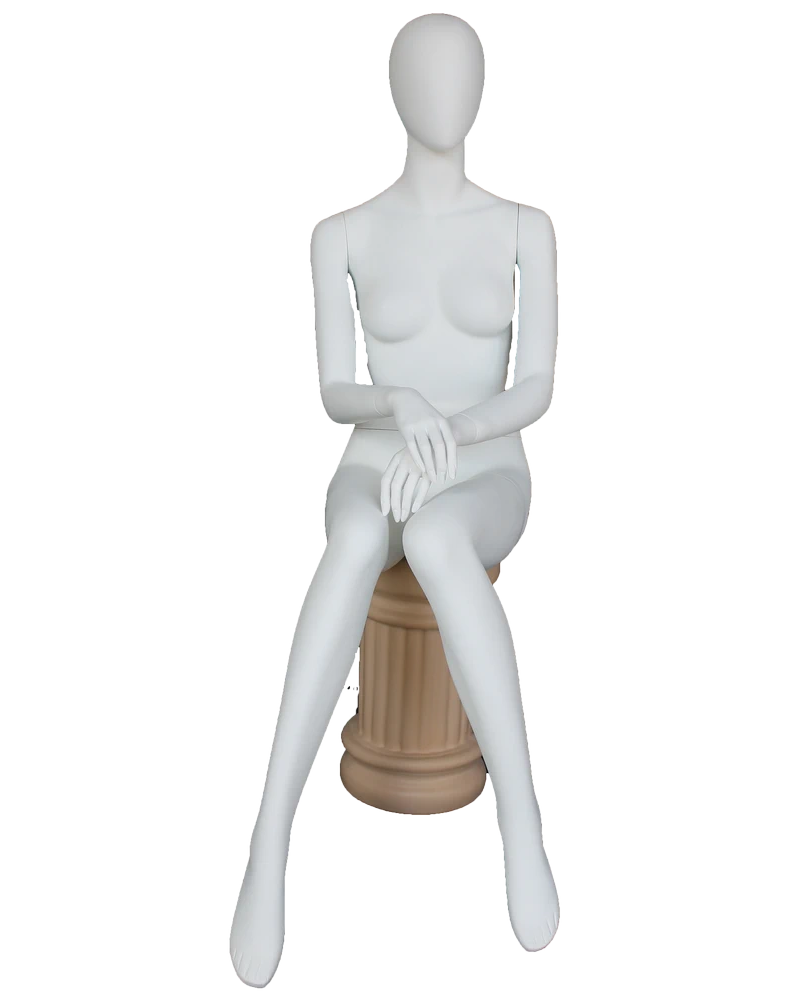 Hands-in-lap sitting egghead female mannequin in matte white, front view