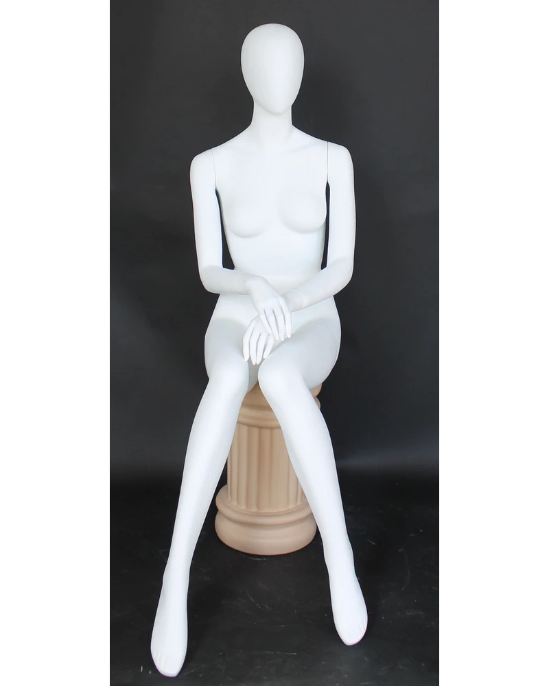 Hands-in-lap sitting egghead female mannequin in matte white