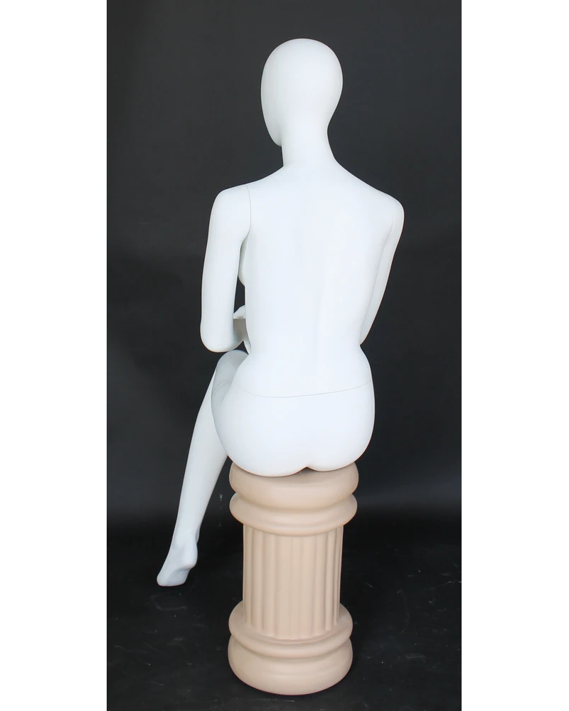 Hands-in-lap sitting egghead female mannequin in matte white