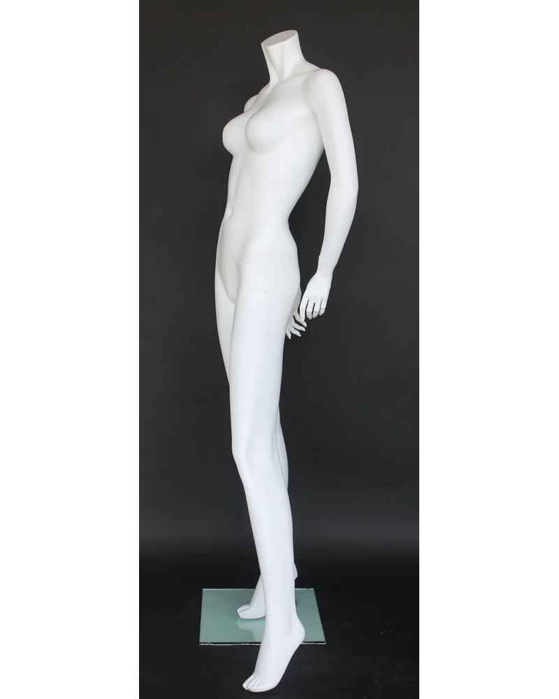 Headless female mannequin with hand behind hip in matte white