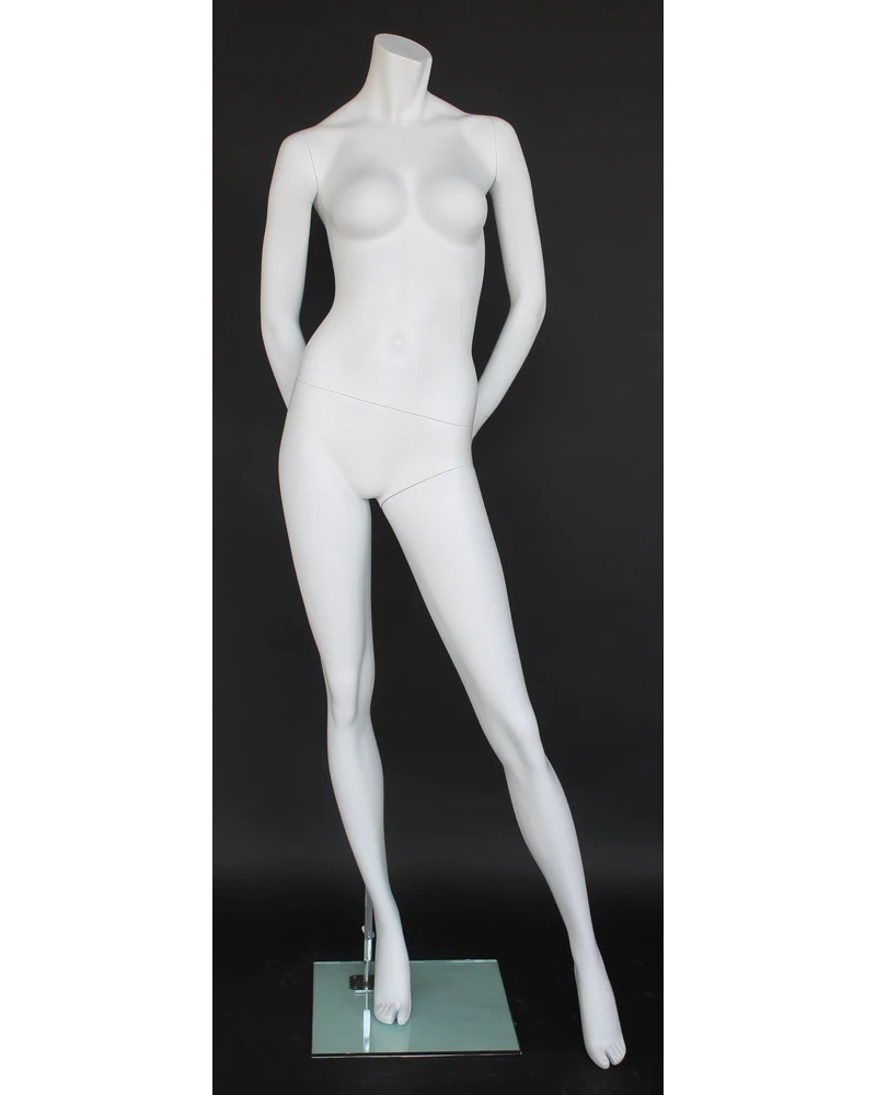 Headless female mannequin with hand behind hip in matte white