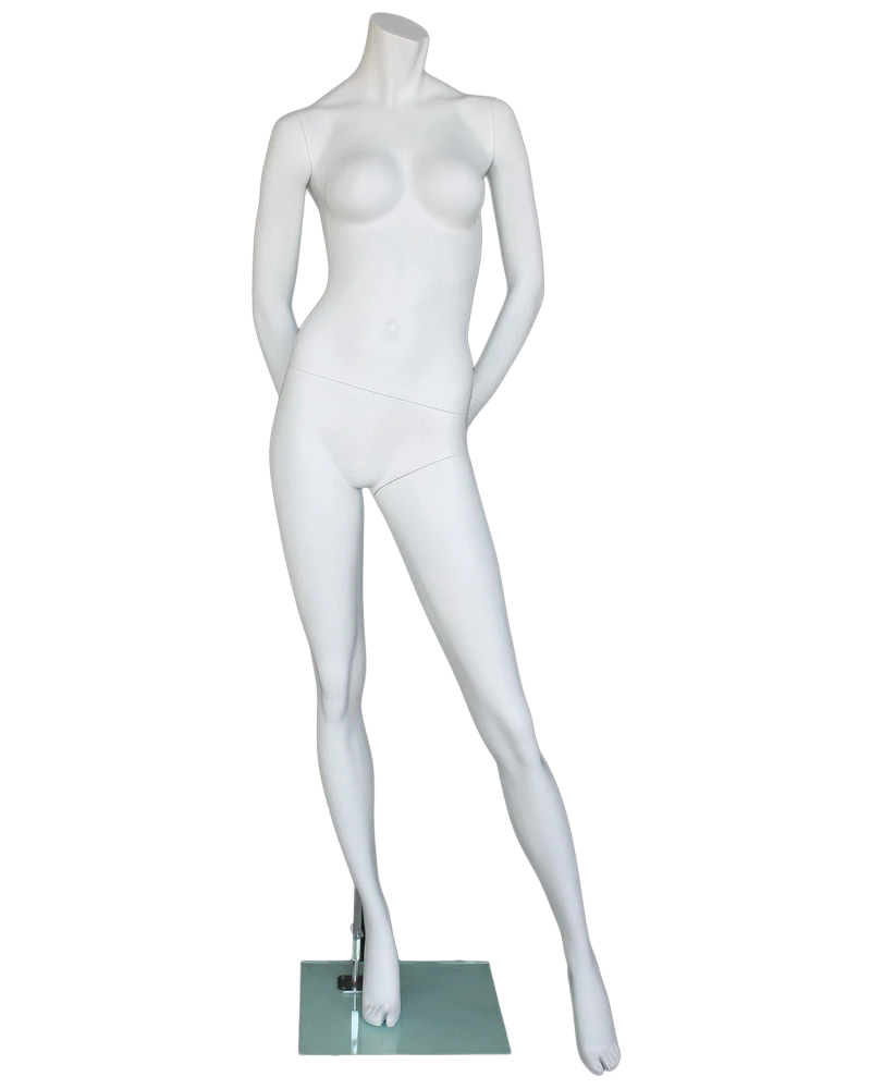 Headless female mannequin with hand behind hip in matte white