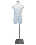 Size L male three-quarter body dress form with metal base in off-white linen
