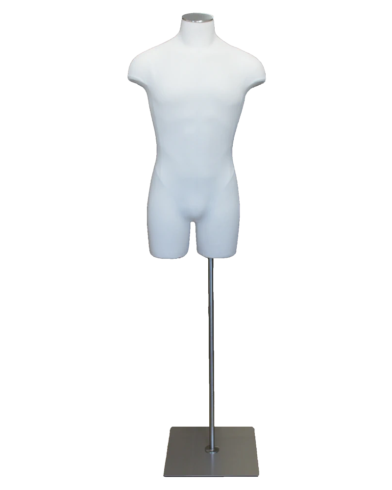 Size L male three-quarter body dress form with metal base in off-white linen