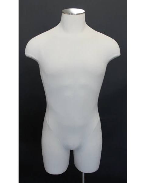 Size L male three-quarter body dress form with metal base in off-white linen