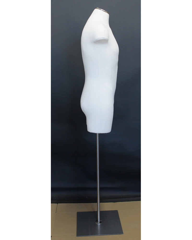 Size L male three-quarter body dress form with metal base in off-white linen