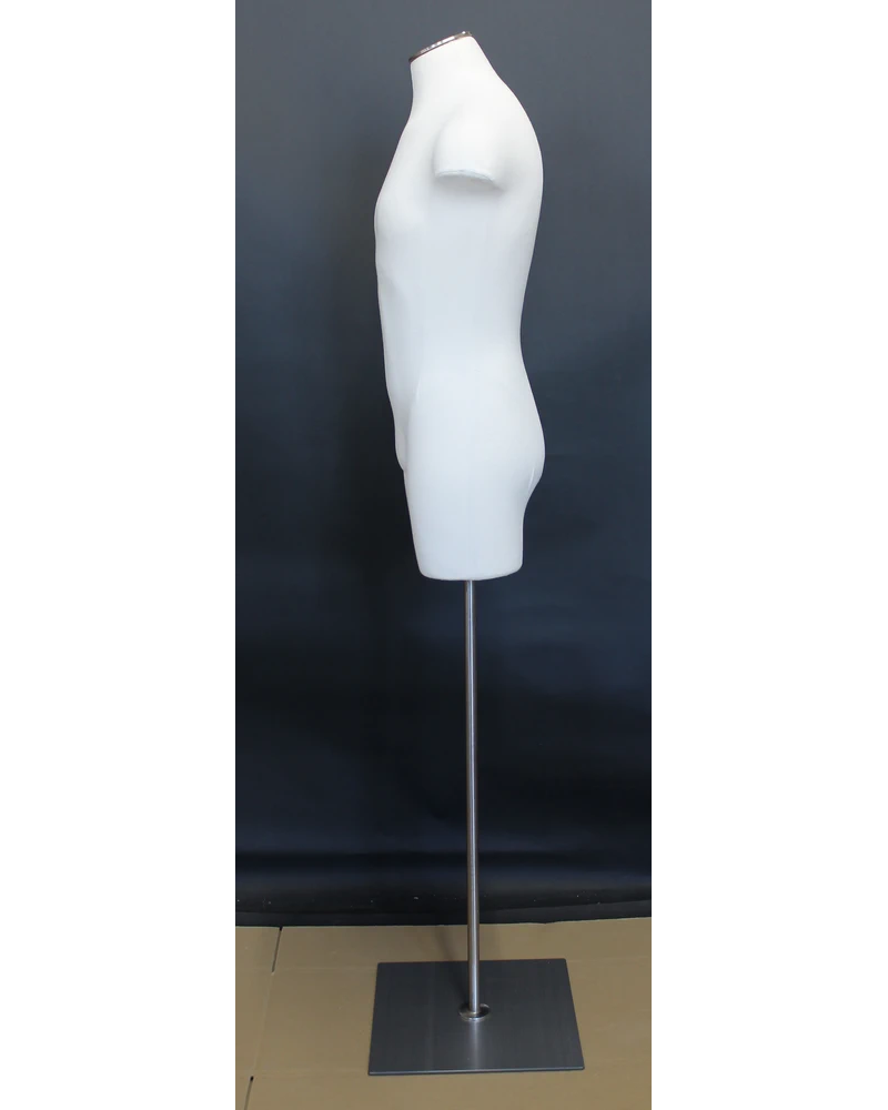 Size L male three-quarter body dress form with metal base in off-white linen