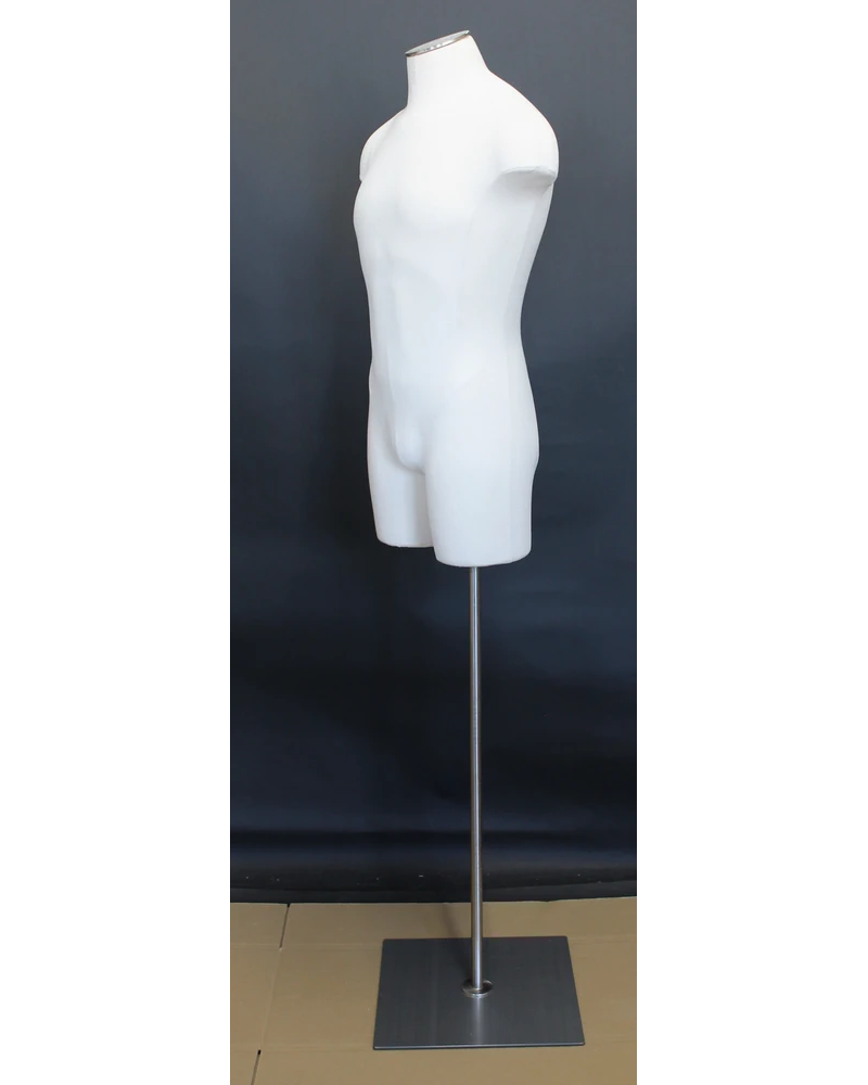 Size L male three-quarter body dress form with metal base in off-white linen