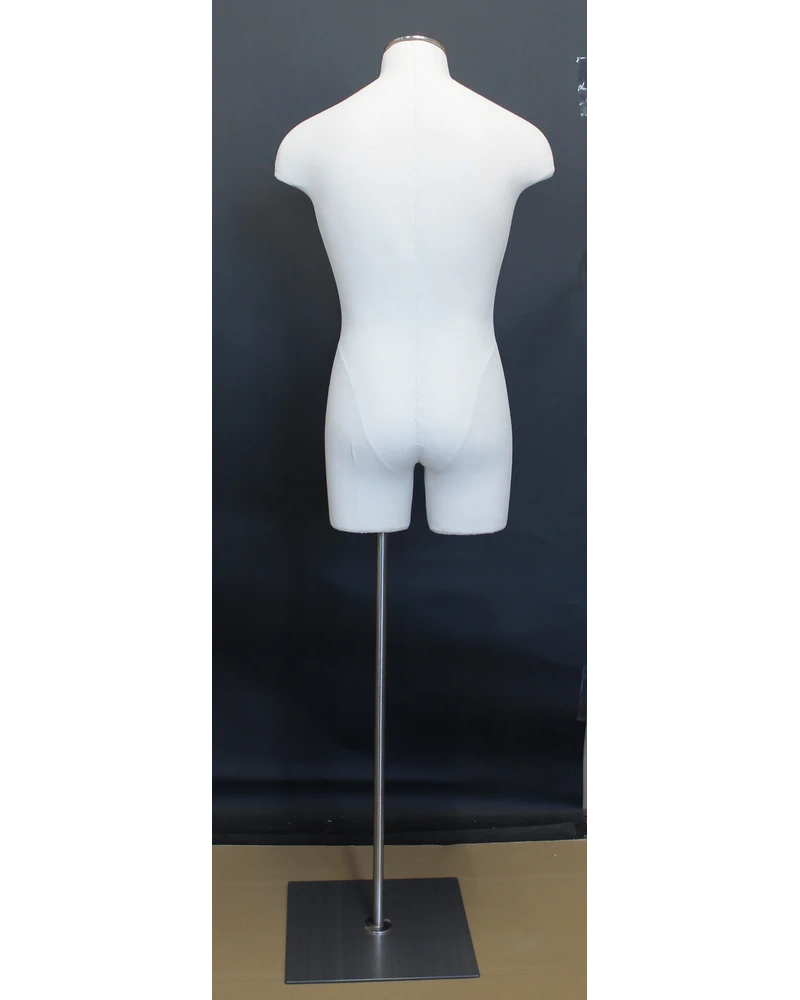 Size L male three-quarter body dress form with metal base in off-white linen
