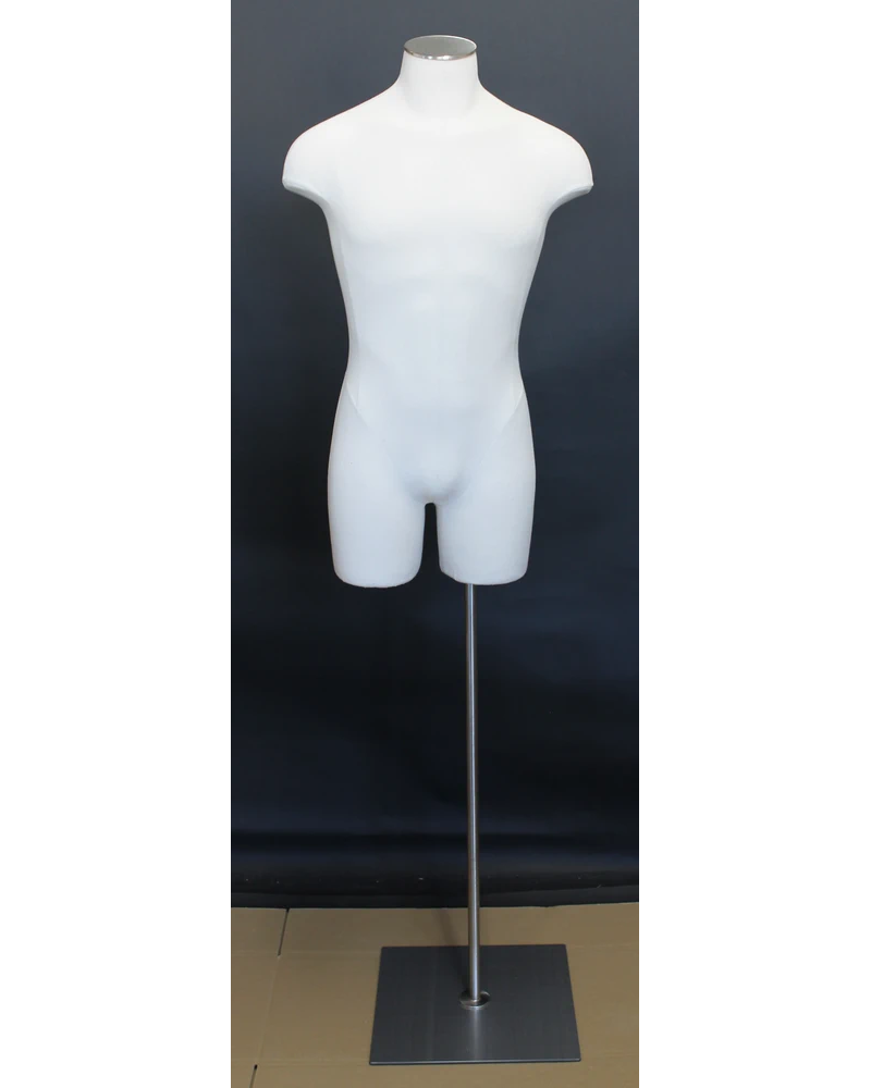 Size L male three-quarter body dress form with metal base in off-white linen