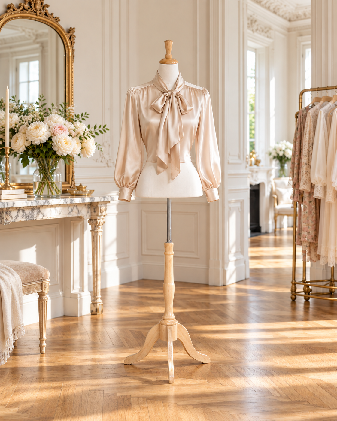 Size 6/8 Female Blouse Form with French Neck and Wooden Tripod Base in Cream White Jersey (TMK-B7W-FR)