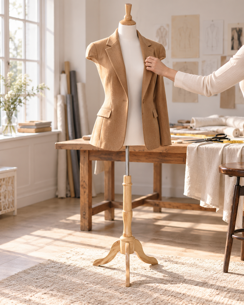 Size 4/6 Female Blouse Form with Extended Shoulders and Wooden Tripod Base in Cream White Jersey (TMK-BF5-FR)