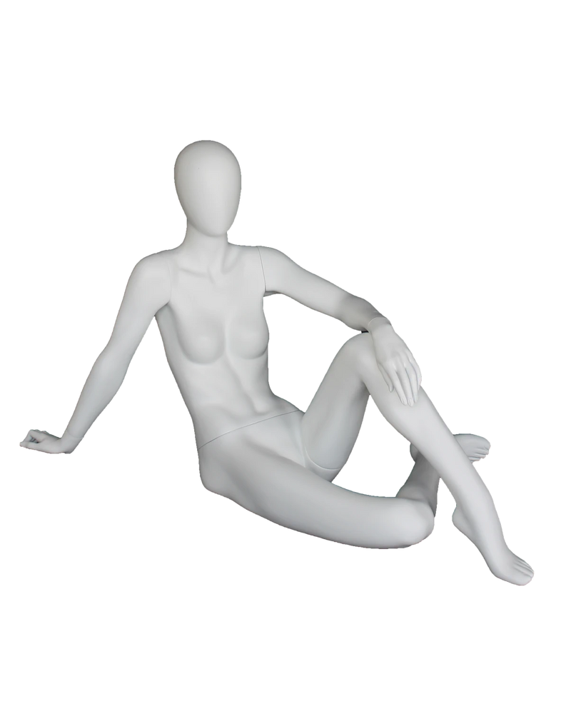Reclining seated egghead female mannequin in matte white, front view